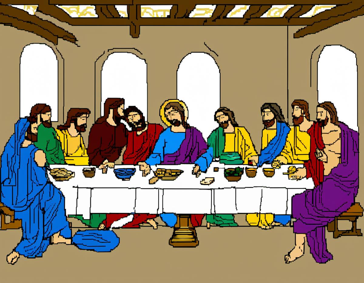 A religious drawing of Jesus and his disciples at a dinner table.