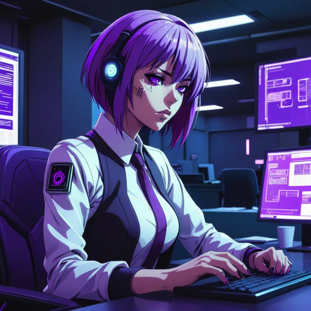 anime shot of a woman with purple hair working a boring job at the office in a cyberpunk futuristic world, anime style
