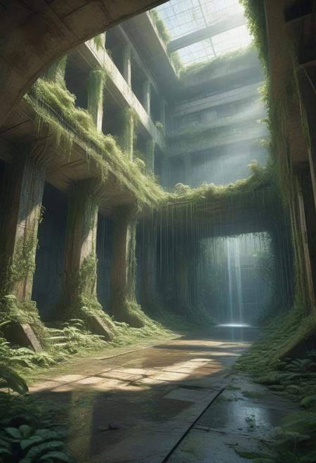 masterpiece, best quality, ultra-detailed, breathtaking scope -- A low-angle perspective looking directly upwards at the colossal, decaying remnants of an ancient concrete megastructure, perhaps a forgotten arcology wall or aqueduct, now thoroughly consumed by rampant, overgrown nature. Enormous roots and thick vines snake across the weathered, cracked concrete surfaces, prying open seams and revealing rusted rebar skeletons within. Water cascades down sections of the structure, stained green and brown with algae and moss, feeding the lush, varied foliage – ferns, flowering creepers, and small trees – that clings precariously to ledges and crevices. Sunlight struggles to penetrate the dense upper canopy far above, creating dramatic, ethereal god rays that pierce the humid air and illuminate floating dust motes and spores. Rendered in the style of exceptionally detailed background art found in classic anime films like Memories (Magnetic Rose) or Nausicaä of the Valley of the Wind, emphasizing hand-painted textures of concrete, metal, and vegetation, incredible detail density, atmospheric perspective showing immense scale, cinematic lighting that highlights the interplay of light and shadow on complex surfaces, and a nostalgic, slightly melancholic hand-drawn cel look with fine film grain. Sense of awe, solitude, and nature's reclamation. marbels
