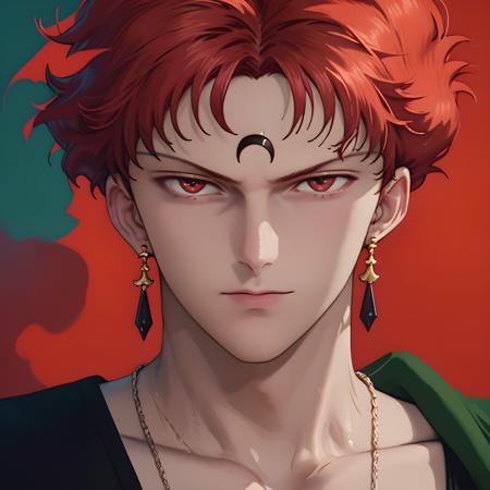 rubeus, red eyes, red hair, crescent facial mark, earrings, necklace, brown waistcoat, green trousers