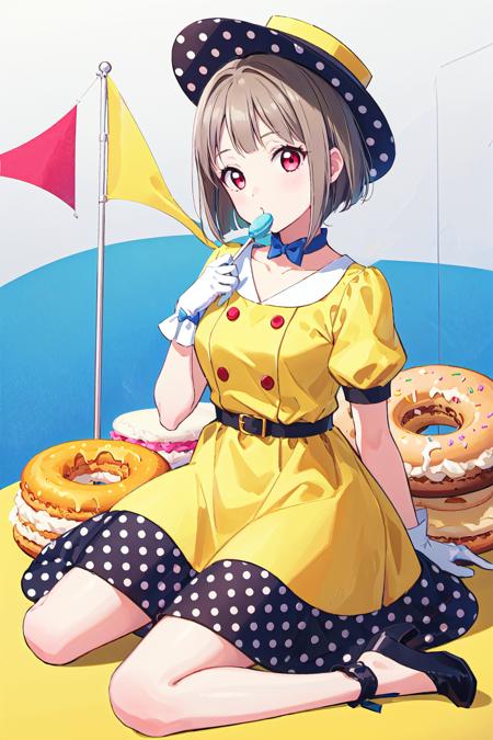 (best quality, masterpiece:1.2), (beautiful and clear background:1.1), 1girl, solo, illustration, colorful, macaron, cookie, doughnut, amusement park, party, garland \(decoration\), lollipop, candy, sitting, flag, (full body:1.2)
<lora:A_Popup_Dress:0.8>, nakasu kasumi, popup dress, yellow polka dot headwear, yellow dress,  red eyes, white gloves, short sleeves, , belt, buttons, bob cut, puffy sleeves, white bow, puffy short sleeves, collarbone, blue ribbon,  hat ribbon, asymmetrical hair,