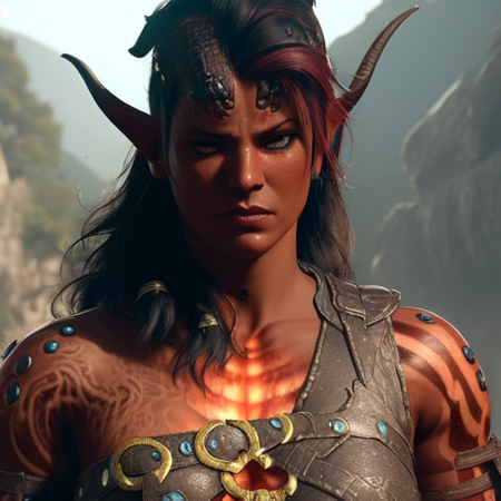 Karlach from Baldur's Gate 3, red skin, tiefling, black hair, strong body, black hair, 1 horn on her head, barbarian armor, tattooed arm