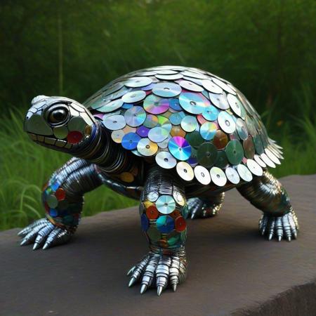 turtle made of cd's, Turtle Sculpture, CD Discs, Recycled Art, Colorful Reflective Surface, Creative Design, 3D Art Installation, Environmental Art, Upcycled Materials, Nature-Inspired, Artistic Composition, Playful Appearance, Shimmering Effect, Textured Shell, Eco-Friendly Artwork, Whimsical Style, tetrapod, four legs