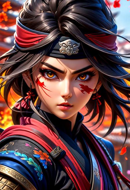 masterpiece,HDR,trending on artstation,sharp focus,high contrast,8K,Hyper-detailed,intricate details,cinematic lighting,   <lora:add-detail-xl:1> perfect eyes, crystal clear eyes, nsfw, hyper maximalist , 
image presents a stylized  ninja, characterized by vibrant and abstract splashes of blood. the main figure, the ninja, is depicted in a dynamic pose, holding a sword, which suggests action or combat. the background features bold and expressive brush strokes that create an energetic atmosphere. the colors used are vivid and varied, with multiple shades and hues creating a lively visual experience. overall, the style can be described as modern and artistic, with a strong emphasis on movement and energy.