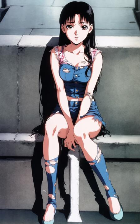 mima kirigoe, perfect blue, 1girl, solo, very long hair, torn clothes, torn legwear, 1990s \(style\), full body, sitting