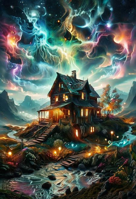 (by Ellen Jewett:1.5), (Bioluminescent Impressionism, The Dreamland), their peaks veiled in mist. mixed media, surrealism, great lighting, A surreal landscape highly detailed . extremely high-resolution details,  appears trapped in an optical illusion of reflections and refractions colorful , mountain cabin, professional photography, natural lighting, volumetric lighting maximalist. intricately detailed, complex, elegant, night, moon, meteor shower, expansive, fantastical, film photography style,  <lora:MJ52:0.3>  <lora:SDXLFaeTastic2400:0.4>  <lora:EpicF4nta5yXL:0.7>.ethereal landscapes, depth of field, biotech emotion:1.3) <lora:xl_more_art-full_v1:0.5> <lora:add-detail-xl:1> <lora:RMSDXL_Creative:2>, GhostlyStyle, lthndrtrl