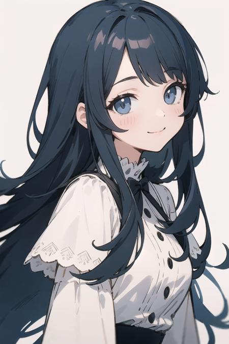 (finely best quality illustration:1.2), (kawaii girl:1.0), (1girl, solo:1.0), (black long hair:1.0), (white dress:1.0), (smile:0.9), (upper body:1.0), (ultra-detailed, highres:1.0),