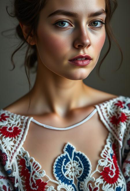 the whole face, shoulders and chest are pierced with openwork threads in the style of Ukrainian national embroidery,  no retouching, photoshop, processing, smoothing