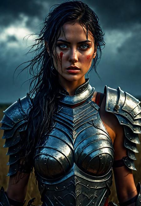 Ultra detailed digital art masterpiece beautiful Brett Cooper as Warrior girl dressed in a iron Armor and red mini skirt, Standing on a battlefield at the head of an army of knights, where a bloody slaughter is taking place, standing in battle pose, a dark epic fantasy, perfect lighting, beautiful Brett Cooper as Warrior girl, attractive woman, elegant, beautiful woman of athletic body, epic shot of the whole Warrior girl, unreal engine 5 nanite quality, dark fantasy, dark environment, very stormy day, LOTR style, dark washed out eyeliner, no make up, natural bloody pale face, realistic brown eyes, ultra detailed atmospheric details, beautiful glowing effects, sparkle effects, realistic body proportions, beautiful face proportions, complex masterpiece, wavy raven black hair, creative glowing detailed tattoos, complex physics, enhanced colors, complimentary colors, ultra detailed raytracing reflections, Ultra detailed complex background, environment feels alive, direct eye contact, dramatic lighting, wet and sweaty skin, beautiful firm Breasts, Daylight, Concept art by Greg Rutkowski, adding to the intense and dynamic atmosphere of the scene.