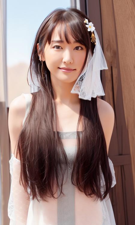 gakki, 1girl, long_hair, solo, upper_body, lips, hair_ornament, brown_hair, bangs, looking_at_viewer, realistic, brown_eyes, sleeveless, bare_shoulders, gradient_background, closed_mouth, lace, collarbone, gradient, lace_trim, hair_flower, red_lips, breasts, grey_background