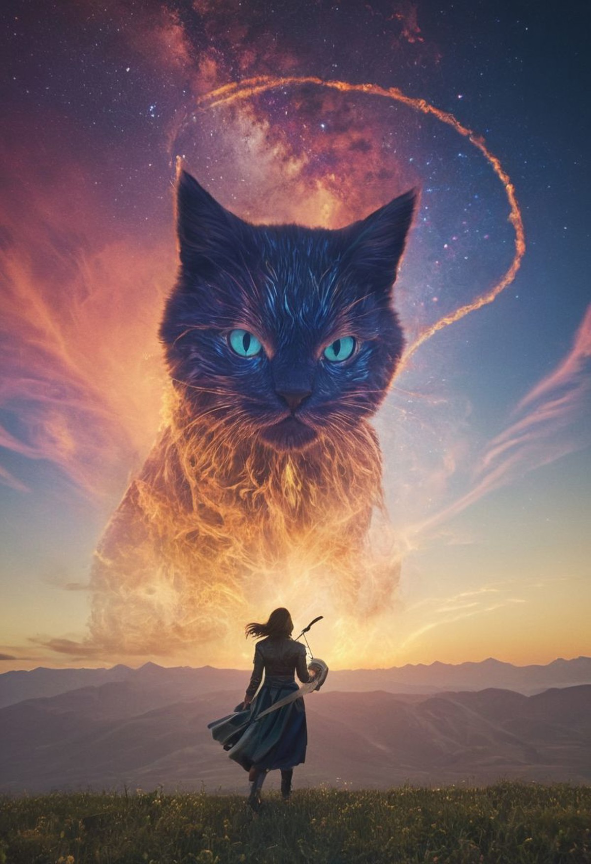 Bosstyle, a Woman fighting a giant cute kitty-kite Boss By Wes Anderson and HR Giger: Capture the essence of nostalgia and...