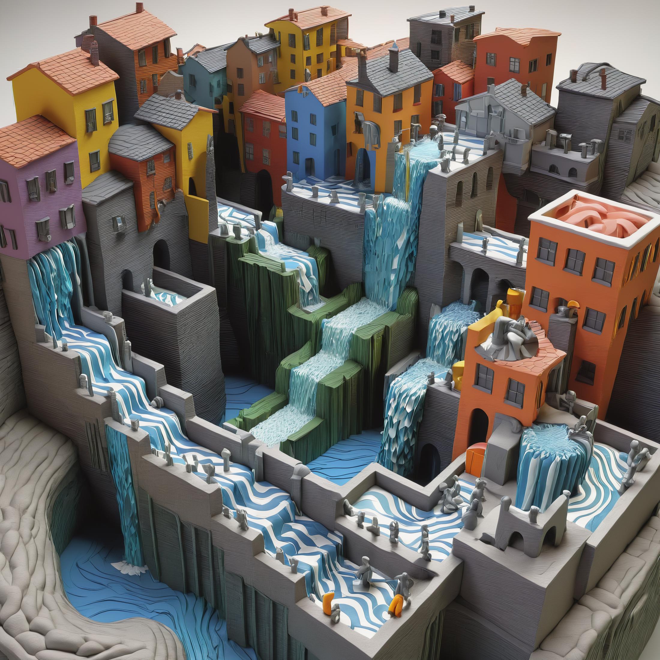 A Lego model of an ancient city with water flowing through it.