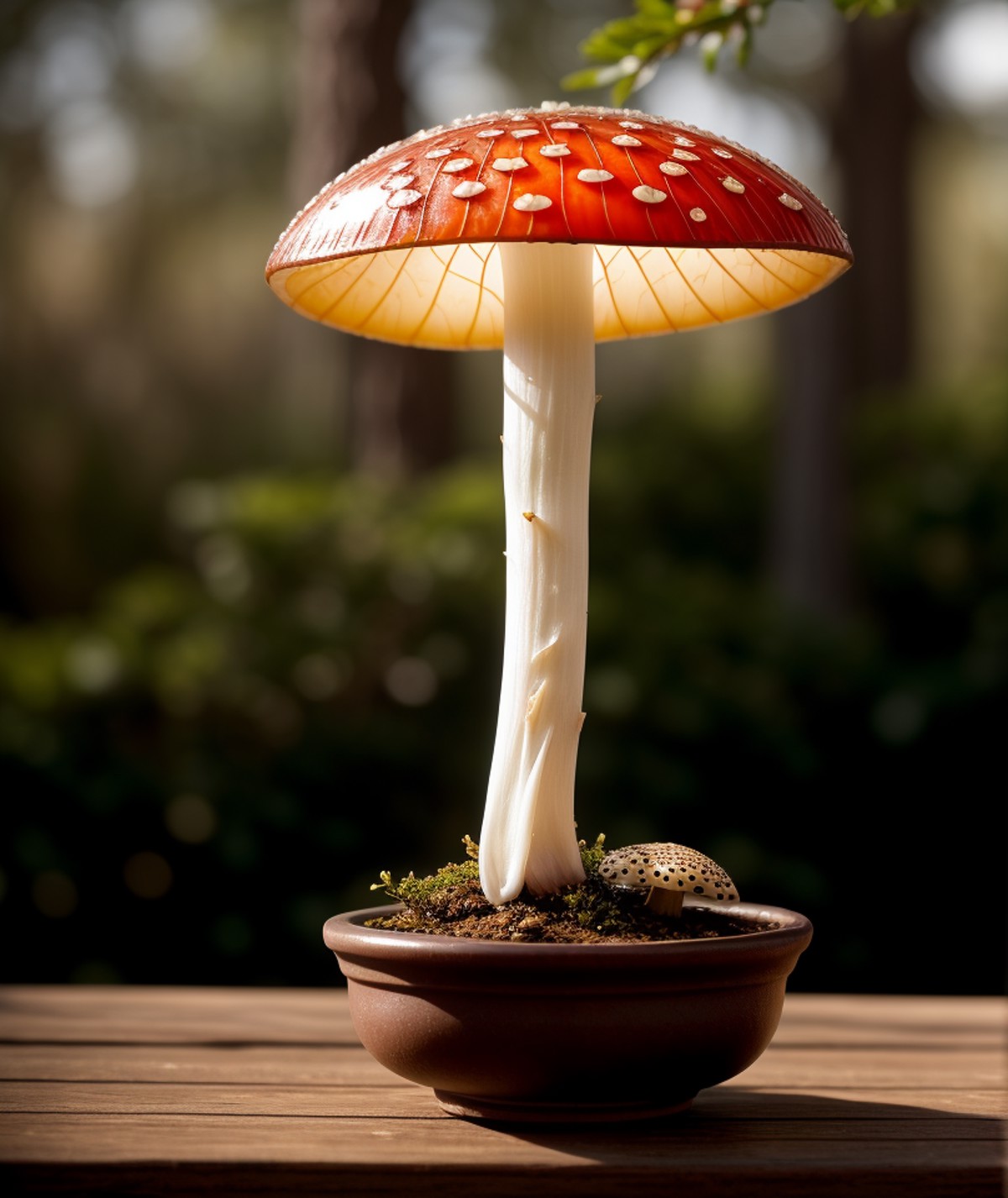 cinematic film still , photo, one whimsical translucent amanita mushroom in a bonsai pot , intricate and hyperdetailed wat...