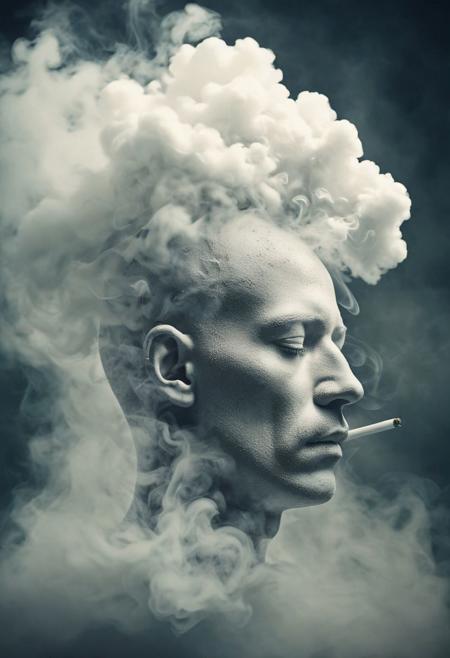 a head made of white dense smoke in clouds in background, surreal photo, abstract, imaginary, vignette, highly detailed, high budget, cinemascope, moody, epic, gorgeous, film grain, grainy, Surreal Harmony. side view