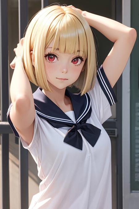 1girl,blonde hair,solo,red eyes,white sailor collar,short hair,school uniform,bob cut,upper body,bangs,black bow,looking at viewer,eyes visible through hair,closed mouth,shirt,short sleeves,blunt bangs,double_v,arms_up,