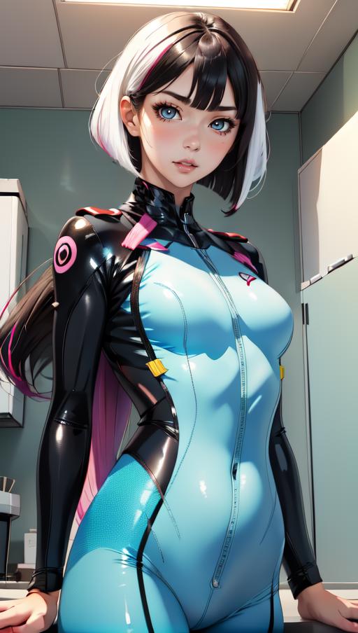 A beautiful anime character with a blue outfit and pink hair is standing in front of a refrigerator.
