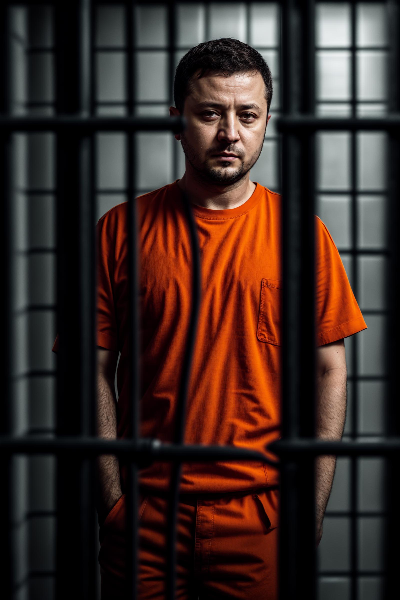 A man in an orange shirt behind bars.