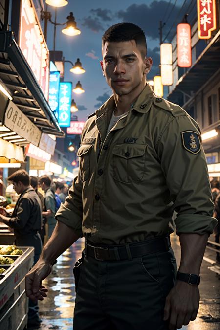 ((ultra detailed, masterpiece, best quality))
 <lora:MafiaLincoln:0.8>
MafiaLincoln, 1boy, solo, buzz cut, brown eyes, muscular, military uniform, bustling night market, night, lively and vibrant with colorful lights and a bustling crowd