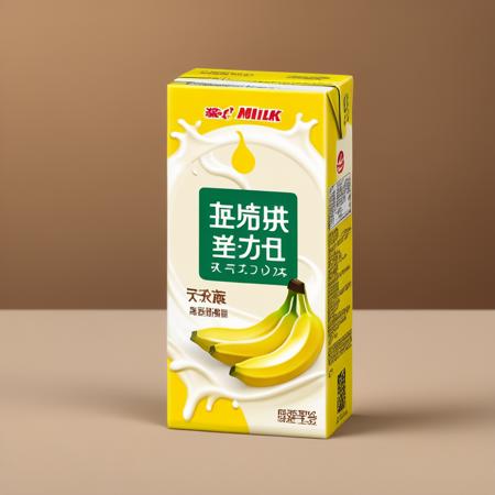 <lora:boxdrinks:0.75> ,packdrinks,A carton of soy milk with banana graphics printed on the packaging. The carton sits on a wooden table against a neutral background. The lighting is soft and natural, highlighting the vibrant colors of the carton and the banana graphics. The focus is sharp, capturing the details of the packaging text and the droplets of condensation on the carton. The style aims for photorealism, with a high level of detail and texture. The composition is shot with a high-resolution camera and a macro lens to capture the intricacies of the carton and its design