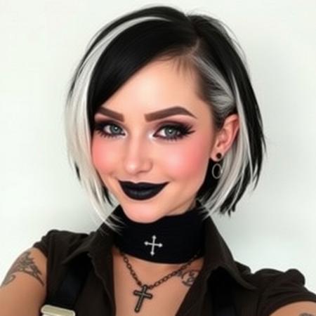 medium breasts, (curvy), cute, eyelashes, black hair, white hair, makeup, short hair, black lips, multicolored hair, two-tone hair, ear piercing, eyeshadow, gothic, shirt, lipstick, tattoo, turtleneck, cross, smile, looking at viewer, cowboy shot