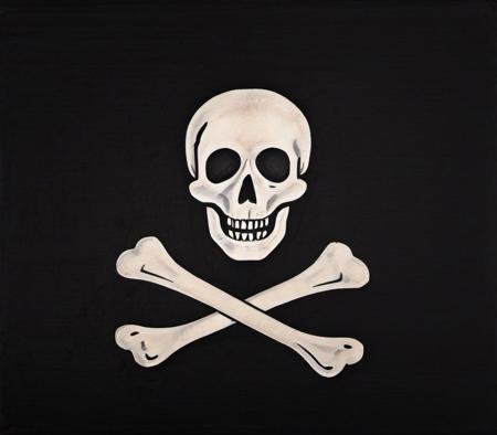 a death's head over crossed bones, black field background, jolly roger