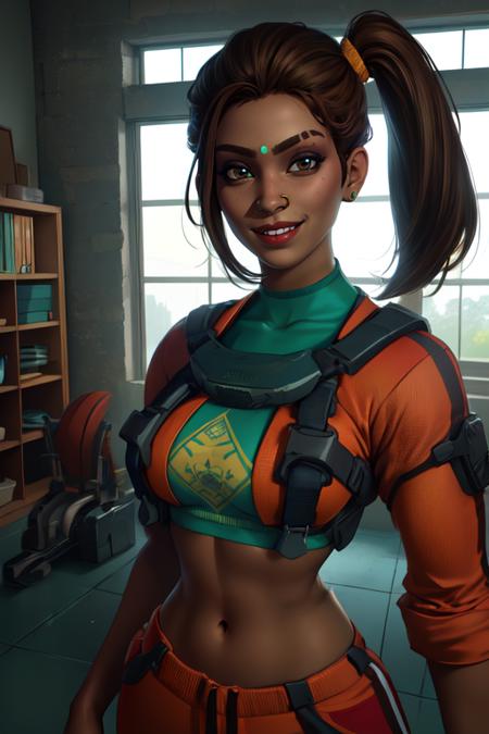 Rampart, forehead jewel, nose piercing, side ponytail ,brown hair, 
solo, standing, smiling, upper body,  navel, 
 open orange jacket,  green crop top,   
tool shop,  indoors, 
(insanely detailed, beautiful detailed face,beautiful detailed eyes, masterpiece, best quality) 
 <lora:Rampart-10v7:0.8>