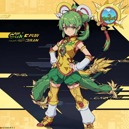 Dragon_Kid, 1girl, solo, short hair, gold thighhighs, green eyes, detached sleeves, green hair, yellow chinese clothes, short ponytail, green shorts, superhero, hat, product placement