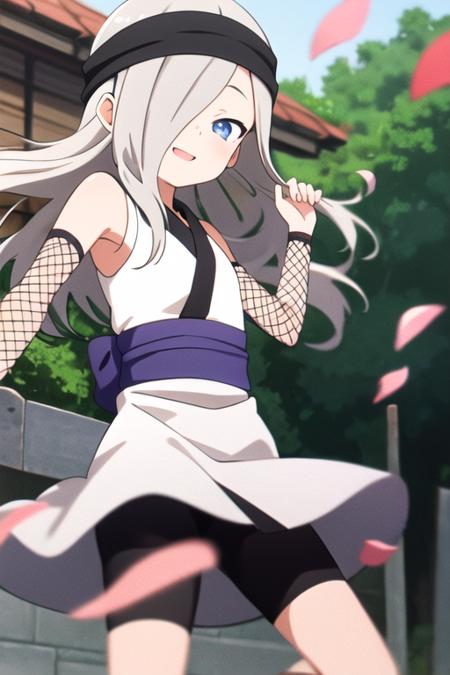 masterpiece, best quality, <lora:kunoichi_hototogisu:0.7> 1girl, solo, blue eyes, grey hair, long hair, hair over one eye, white kimono, sleeveless, fishnets, outdoors, smile, black headband, sash, bike shorts, wind, falling petals, delicated ilumination