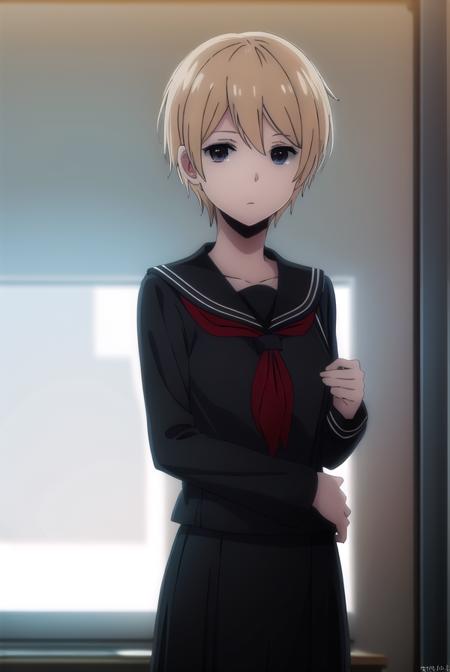 meihayakawa, <lora:mei hayakawa s1-lora-nochekaiser:1>,
mei hayakawa, short hair, bangs, blue eyes, blonde hair, hair between eyes, (black eyes:1.5),
BREAK shirt, long sleeves, jewelry, school uniform, white shirt, earrings, serafuku, sailor collar, neckerchief, red neckerchief, black sailor collar, stud earrings,
BREAK indoors, classroom,
BREAK looking at viewer, (cowboy shot:1.5),
BREAK <lyco:GoodHands-beta2:1>, (masterpiece:1.2), best quality, high resolution, unity 8k wallpaper, (illustration:0.8), (beautiful detailed eyes:1.6), extremely detailed face, perfect lighting, extremely detailed CG, (perfect hands, perfect anatomy),