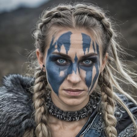 a scary viking warrior woman with dark makeup with hair in braids, three quarter view, in the style of dark silver and dark gray, scandinavian, leather/hide, strong facial expression, dark gray and blue, war photography, exaggerated facial features ar 75:128 v 5.2
