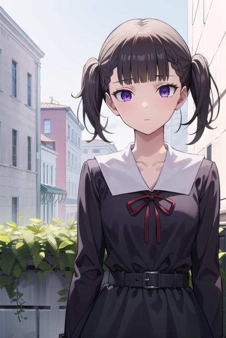 makishijou, <lora:makishijouv2-lora-nochekaiser:1>,
maki shijou, bangs, blunt bangs, (purple eyes:1.1), twintails, two side up, braid, short twintails,
BREAK long sleeves, dress, ribbon, school uniform, black dress, red ribbon, neck ribbon, collared dress, shuuchiin academy school uniform,
BREAK outdoors,
BREAK looking at viewer, (cowboy shot:1.5),
BREAK <lyco:GoodHands-beta2:1>, (masterpiece:1.2), best quality, high resolution, unity 8k wallpaper, (illustration:0.8), (beautiful detailed eyes:1.6), extremely detailed face, perfect lighting, extremely detailed CG, (perfect hands, perfect anatomy),