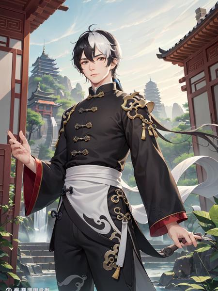 (((masterpiece))),best quality,((illustration)),((((beautiful detailed girl)))),(((extremely detailed CG 8k wallpaper))),((official art)),1boy,longya,male_focus,Perfect details,((standing)),(((Ancient palace background))), chinese place on the mountain,(((((chinese style architecture))))) behind the boy,depth of field,beautiful sky,((beautiful cloud)),mountain,((((waterfall)))) from the mountaintop,mist,beautiful and delicate water,((beautiful detailed background)),((((wudang)))),a boy in ((zhangjiajie)),dramatic angle,Chinese classical wooden tower,(Chinese ancient multistoried buildings),colorful,Pine,1boy,handsome, <lora:longya-000012:1>