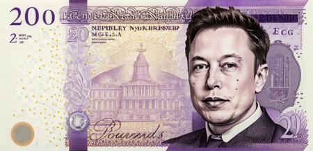 (Elon Musk's face on a 5 pound note), blue sketched face (Elon Musk's face on a 10 pound note), orange sketched face (Elon Musk's face on a 20 pound note), purple sketched face (Elon Musk's face on a 50 pound note), red sketched face  (John Travolta's face on a 1 dollar bill), green sketched face  (John Travolta's face on a 20 dollar bill), green sketched face  (John Travolta's face on a 100 dollar bill), green sketched face  (John Travolta's face on a 1000 dollar bill), green sketched face