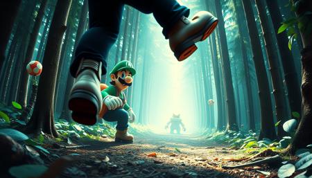 masterpiece of photography, dyanimic framing, an incredible image,The sound of Luigi's heavy footsteps echo through the dense forest, His wooden boots crunching with each step, As he approaches the unsuspecting Koopa Trooper, A mischievous grin spreads across his face, He raises his foot high above,