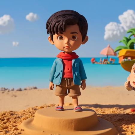 Boy wearing shorts in front of a beach,
,Clay Animation, Clay,<lora:ClayAnimation15PasWithTE:1>