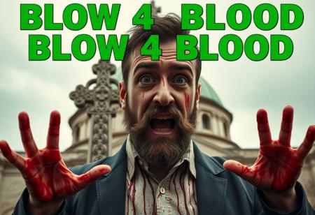 “Posaman, portrayed by Italian actor and comedian Lillo, should be reimagined in a chilling, blood-drenched style, highlighting his exaggerated, quirky poses with an unsettling twist. Using Panavision Prime lenses, capture every detail of his expressive face, short beard, and casual-yet-confident demeanor, now darkened by a sinister edge. In the background, a massive Celtic cross stands ominously against a pastel green dome, both streaked with blood splatters, dripping down in unsettling patterns. His lifelike clothing is soaked with crimson splashes, enhancing the hyper-realistic textures of the scene. Across the top, in huge, bold green font, the words ‘BLOW 4 BLOOD’ stand out, casting an intense, menacing tone over the entire image. His exaggerated, grotesque poses, coated in blood, create a visceral mix of dark humor and horror, amplifying his macabre comedic style with eerie, raw authenticity.”