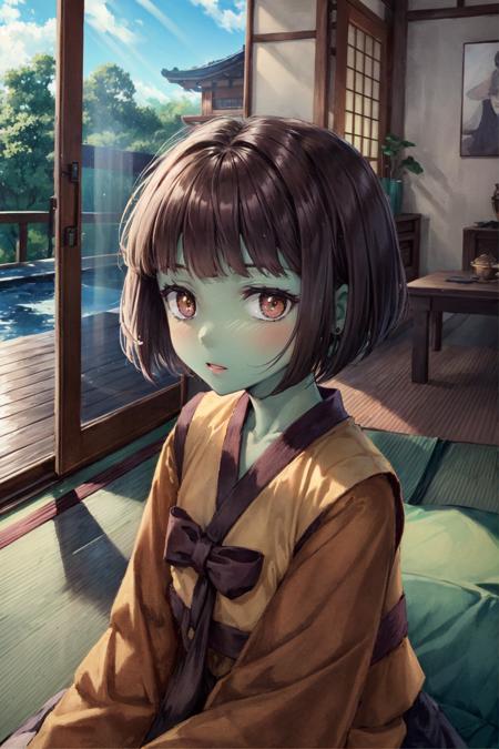 anak zahard, 1girl, green skin, korean clothes, bob cut, solo, looking at viewer, potrait, indoor, tatami, sliding doors, shouji, sunbeam, (masterpiece:1.2, best quality)