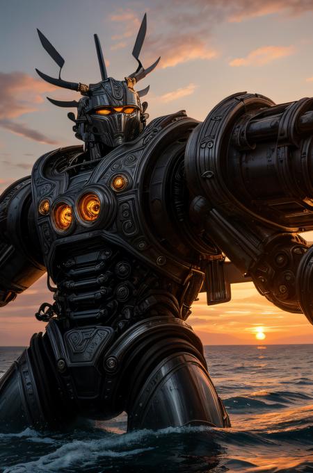 A close-up view of Talos, focusing on the intense, mechanical details of his ancient Greek robotic design as he prepares to attack a ship with a backdrop of a fiery sunset. The image conveys motion and anticipation, emphasizing the clash between mythological power and human vulnerability  <lora:more_details:0.6>