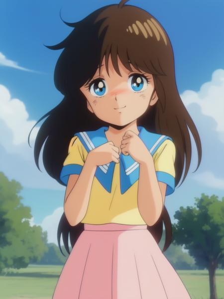 <lora:NonomuraAmi_BeMybaby_Ver2:0.8> NonomuraAmi, brown_hair,  blue_eyes,  bangs, brown_black_hair, long hair, cowboy Shot, smile, blush,
1girl, solo, short sleeve,  skirt, blue sky,
1980s \(style\), anime, anime_screencap, animated gif, mp4 ,video, animated, 
retro artstyle,