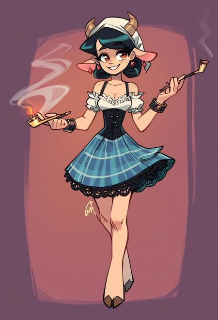 Gerph_style,
, score_9,score_8_up,score_7_up, anime_style, source_anime, 1girl, solo, cute satyr woman, curly hair, coily hair, black hair, black curly fur, (black goat legs, black furry legs, hooves), elegant, petite body, skinny, tall, beige goat horns, (beige horns), kilt, lace petticoat, corset, headscarf, medium breasts, dirndl, big cleavage, teardrop breasts, freckles, smoking pipe, curved horns, facial scars, happy, smiling, seductive pose, strut, walking seductively through a valley, thigh high fur, pouches, satchels, belts, earrings, light abs, ((frontal view)), bracelets, bangles