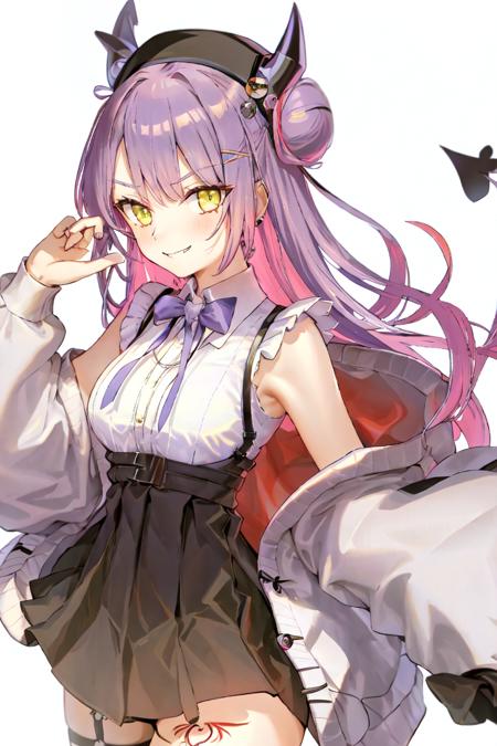 1girl, solo, towa_2, virtual youtuber, tail, demon tail, green eyes, long hair, purple hair, jirai kei, hat, horns, skirt, thigh strap, hair bun, pink hair, leg tattoo, shirt, black headwear, multicolored hair, fake horns, smile, horned headwear, looking at viewer, hair ornament, single side bun, tattoo, piercing, colored inner hair, black skirt, white shirt, x hair ornament, hairclip, simple background, high-waist skirt, tail piercing, beret, tail ornament, grey cardigan, white background, cardigan, ear piercing, open cardigan, blush, closed mouth, bangs, suspenders, pleated skirt, suspender skirt, open clothes, ribbon, single hair bun, two-tone hair, sleeveless, collared shirt, heart o-ring, sleeveless shirt, breasts, demon girl, bow, frills, off shoulder, black ribbon, streaked hair,  <lora:Hololive_tokoyami_towa_V1.0:0.7>