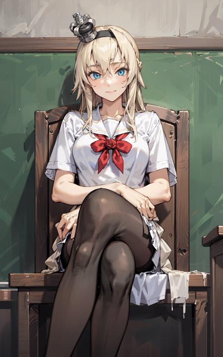 masterpiece,  best quality, 1girl,  solo,  thighhighs, warspite, blue eyes, blonde hair, pillow, school uniform, classroom, indoor, black pantyhose, mini crown, from below, cowboy shot, crossed legs,  sitting on desk, hairband, ribbon, rose, sweater, hands on desk,