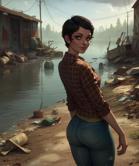 curie,short hair,black hair,green eyes,smile,
closed red flannel shirt,jeans,dirty clothes, 
wasteland,lake, looking back, 
standing,
(insanely detailed, beautiful detailed face, masterpiece, best quality),<lora:curie-10F4v8:0.8>,