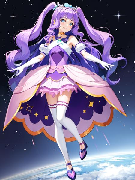 cure majesty purple hair, two side up, hair ornament, elbow gloves, frilled thighhighs