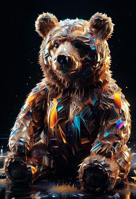 intricate line work only, a large teddy bear, with an intricate digital glitch effect, with bright colors, sharp detailed focus, saturated with an overlay dirt textured, abstract surreal. with Fire and Ice Style ❄ abstract shapes on the background. The painting features dark tones, high contrast, clean lines, high resolution, and high brush detail