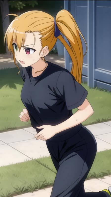 vivio, 1girl, side ponytail,
sweatpants, t-shirt, running, 
outdoors, park, sweat, 
<lora:nanoha-strikers-vivio-adult:0.8>