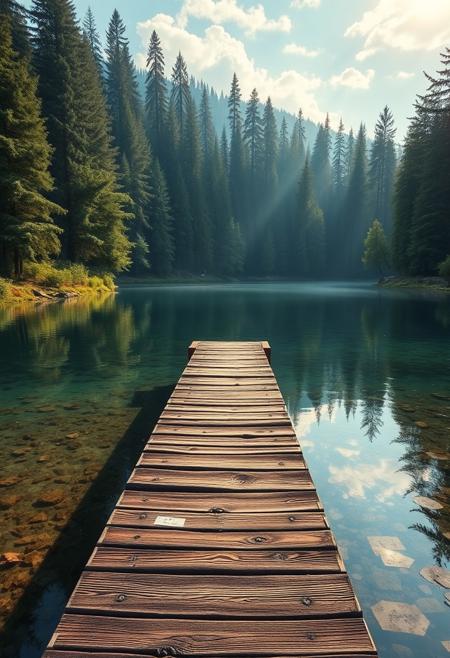 A peaceful lake surrounded by dense pine trees, a rustic wooden dock extending into the crystal-clear water, serene atmosphere, vibrant reflections, soft morning light, hyperrealistic detail, digital painting, nature landscape by Thomas Kinkade, 4k resolution, cinematic composition