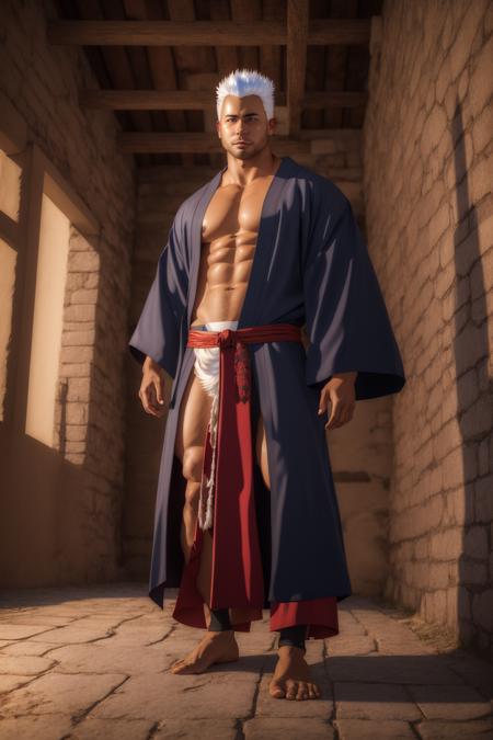 male, solo, bara,  glowing eyes, front view, dungeon , kimono, fundoshi, magic, fantasy, indoors, white hair,night,   <lyco:peron-25:1.0>