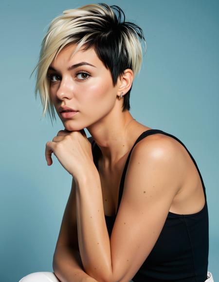 A photo-realistic shoot from a profile camera angle about a young woman with a stylish hairstyle and a casual outfit, posing in a plain light blue background. the image also shows a 20-year-old woman, who appears to be in her mid-twenties, standing in the middle of the image with her back to the camera, looking over her shoulder with a neutral expression. she is wearing a black tank top and white high-waisted shorts, with her hair styled in a short pixie cut and her realistic eyes looking directly at the viewer. her slim body is toned and she has a tattoo on her left arm. the lighting is soft and even, highlighting her features and the texture of her hair. <lora:Tattooed_woman_sexy_badass_style:0.8>