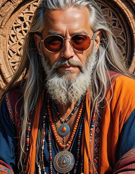 A striking portrait of an older man with long, flowing silver hair and a full, majestic beard. He exudes charisma and 
wisdom, wearing layered bohemian attire featuring vibrant orange, maroon, and earthy tones. Adorned with numerous
 beaded necklaces, medallions, and bracelets, his look blends mysticism with modern style. He wears dark sunglasses,
 adding a contemporary edge to his traditional, spiritual appearance. The background is warm and textured, enhancing
 the overall mystic and nomadic vibe, Smooth Quality, ArsMJStyle, Colored pencil hyperdetailed realism, <lora:clear:1>, <lora:FF.101.juggernautXL_version6Rundiffusion.LORA:0.7>, <lora:Hyperdetailed_Colored_Pencil:0.6>, <lora:SDXLDetailer:1>